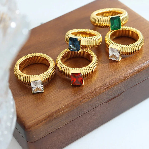 Chunky Gold-Plated Crystal Ring with Geometric Stripes