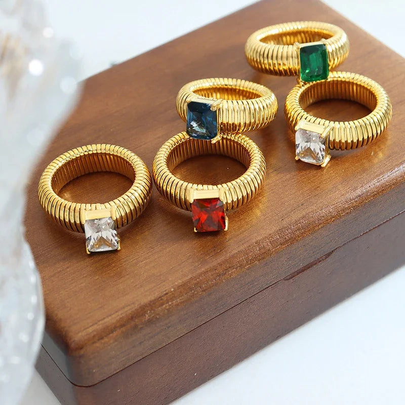 Chunky Gold-Plated Crystal Ring with Geometric Stripes