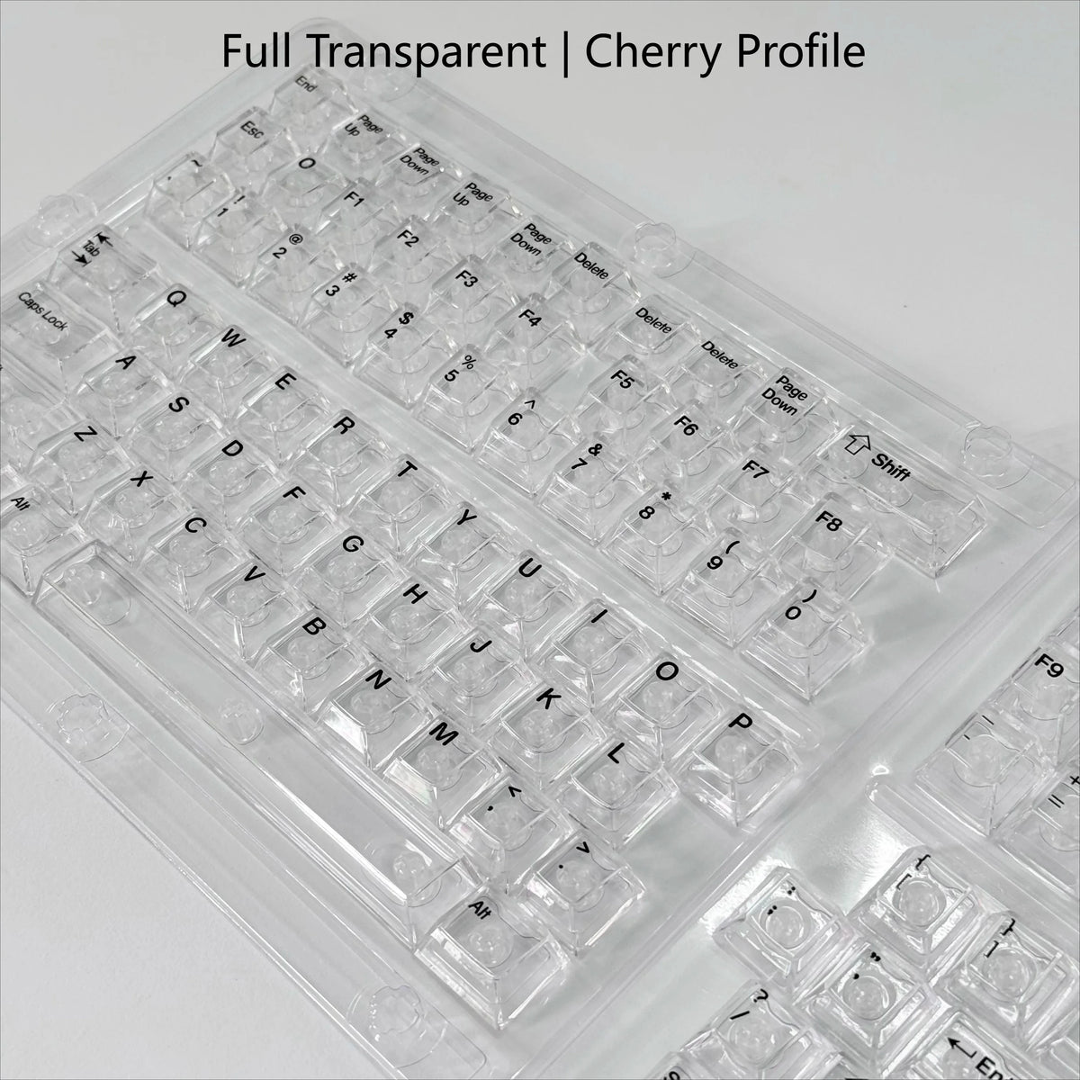 A close-up view of a full transparent cherry profile keycap set for mechanical keyboards.