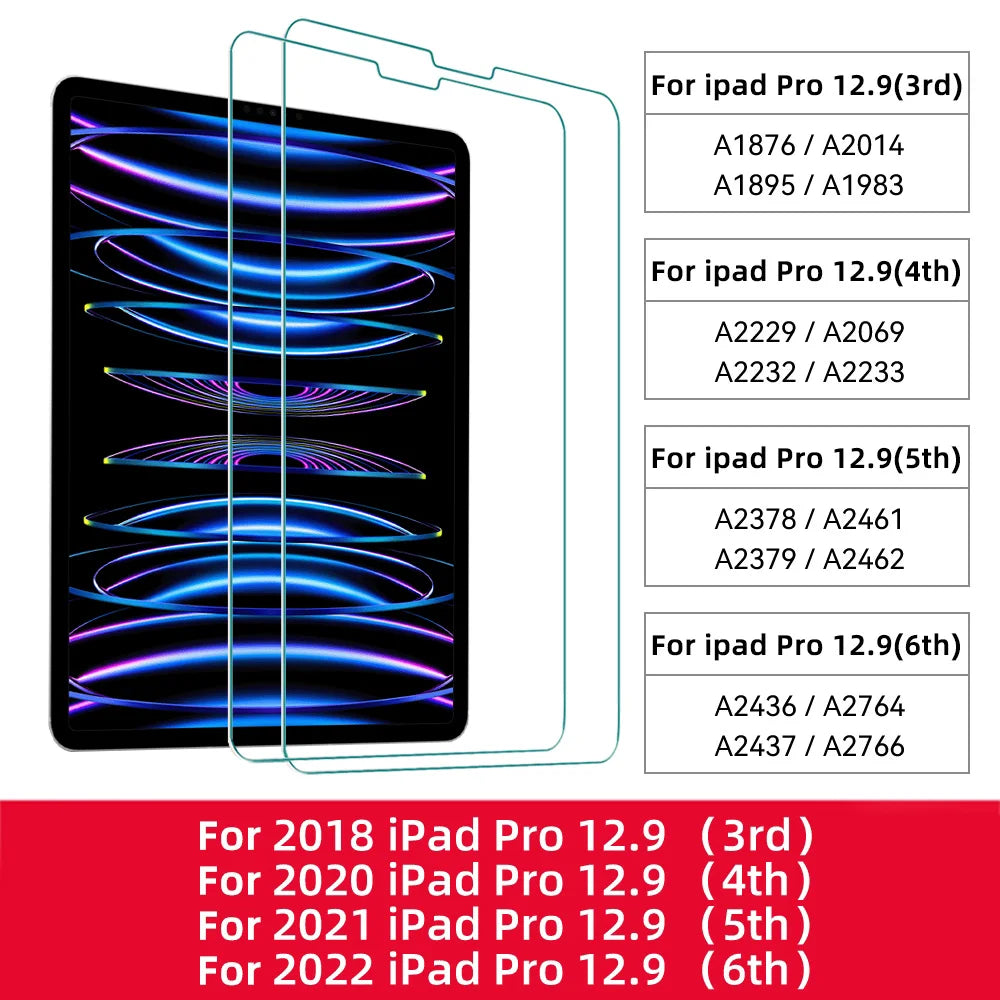 A list of tempered glass screen protectors for various iPad Pro models, including 12.9 inch versions from 3rd to 6th generati