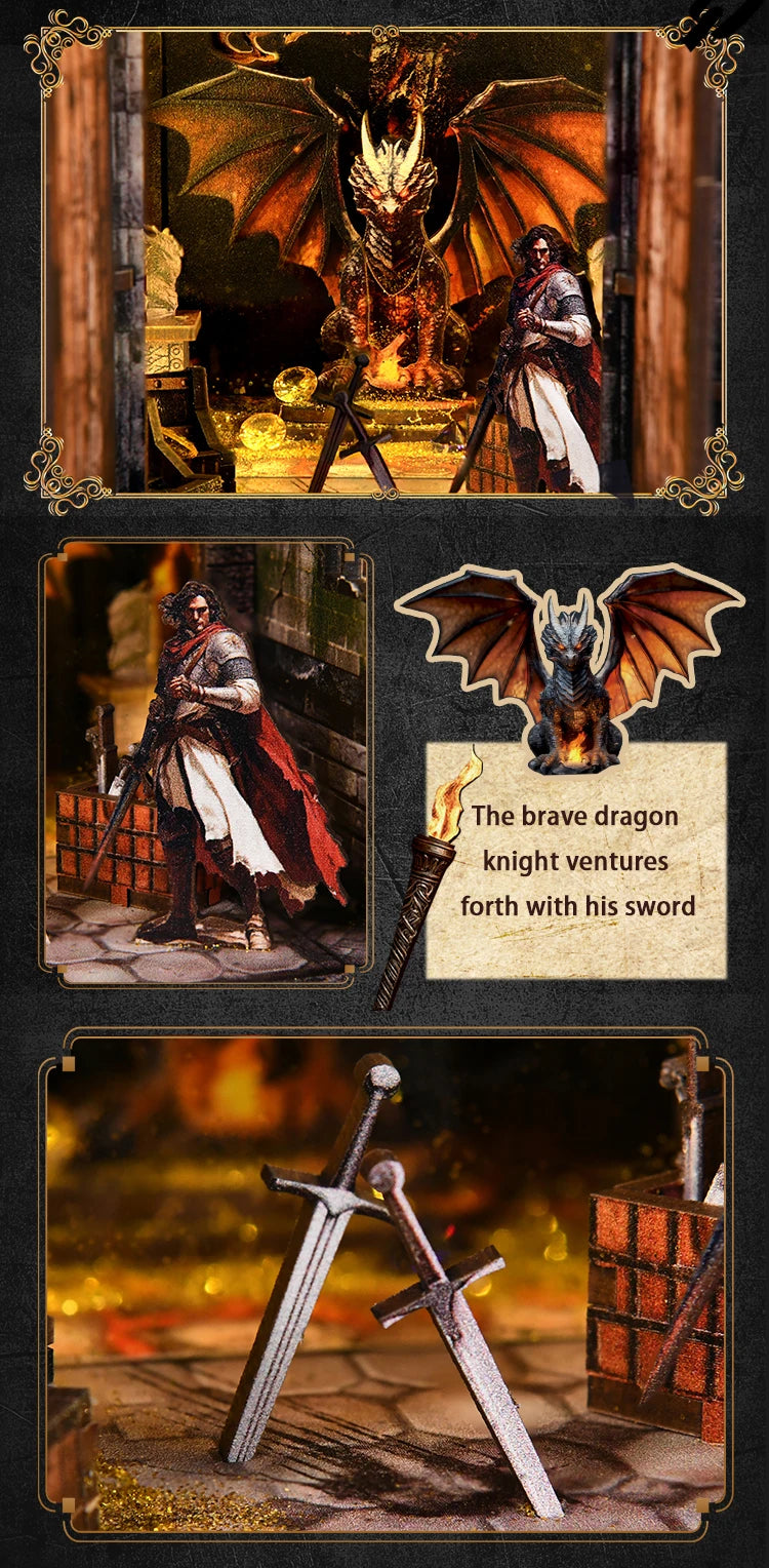 A fantasy scene featuring a dragon, a knight, and various wooden elements for a DIY book nook kit.