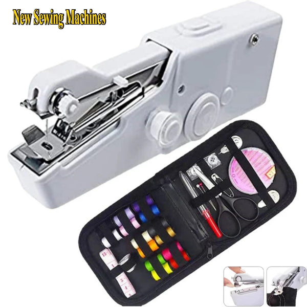 A white portable mini handheld sewing machine with a protective case and various sewing tools inside.