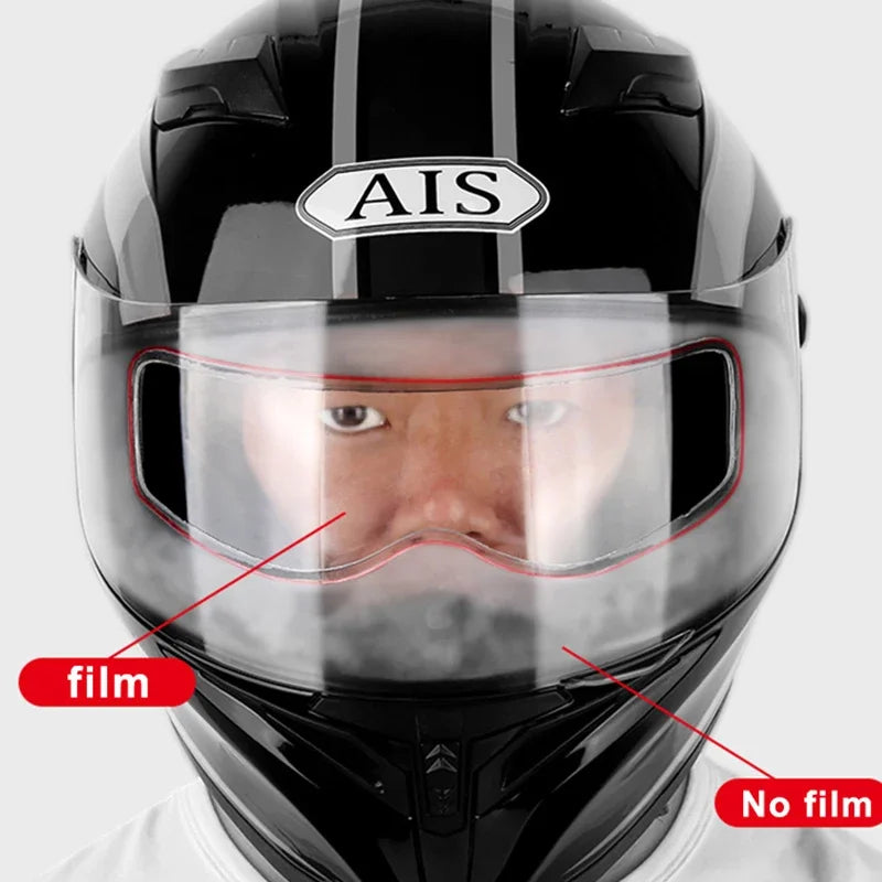 Black motorcycle helmet with a clear anti-fog film visor