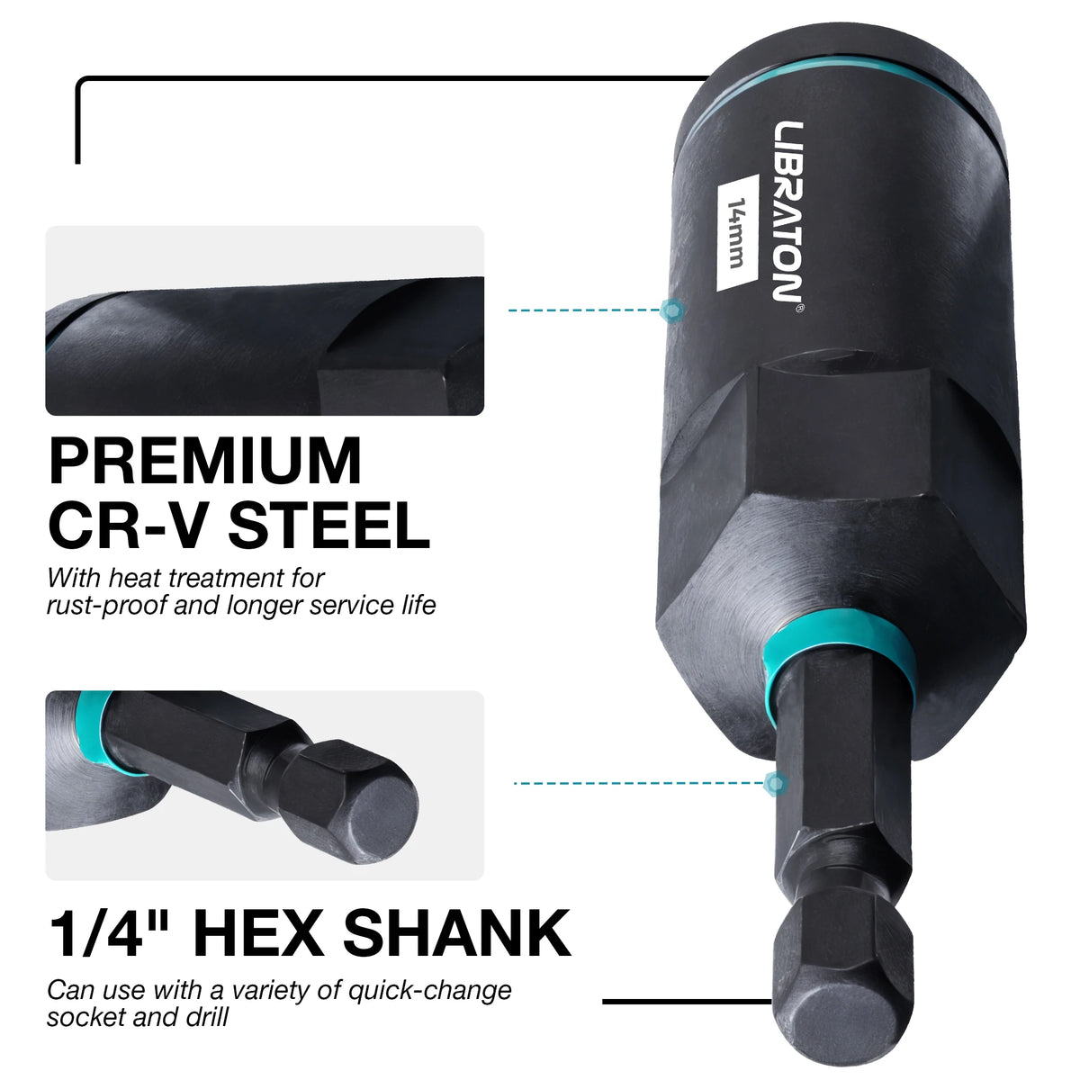 A black magnetic nut driver set featuring a UB RATION coated CR-V steel and a 1/4 inch hex shank.