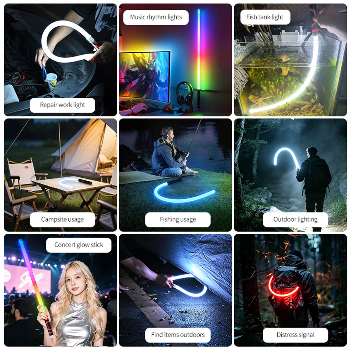 Various uses of a rechargeable LED camping lantern including repair work, fishing, outdoor lighting, and distress signals.