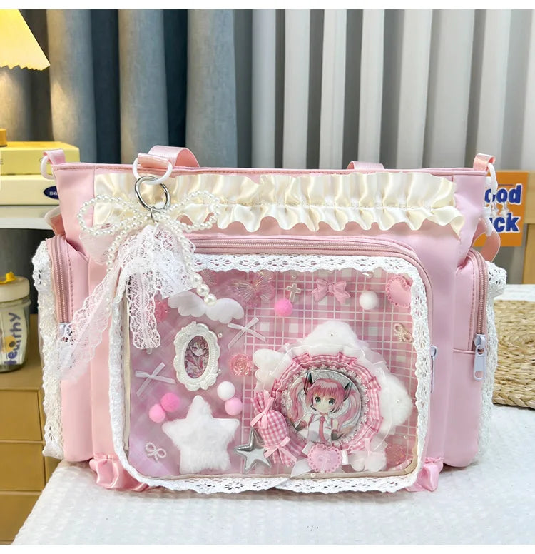 A pink Y2K Lolita transparent shoulder bag with white lace trim and decorative elements.