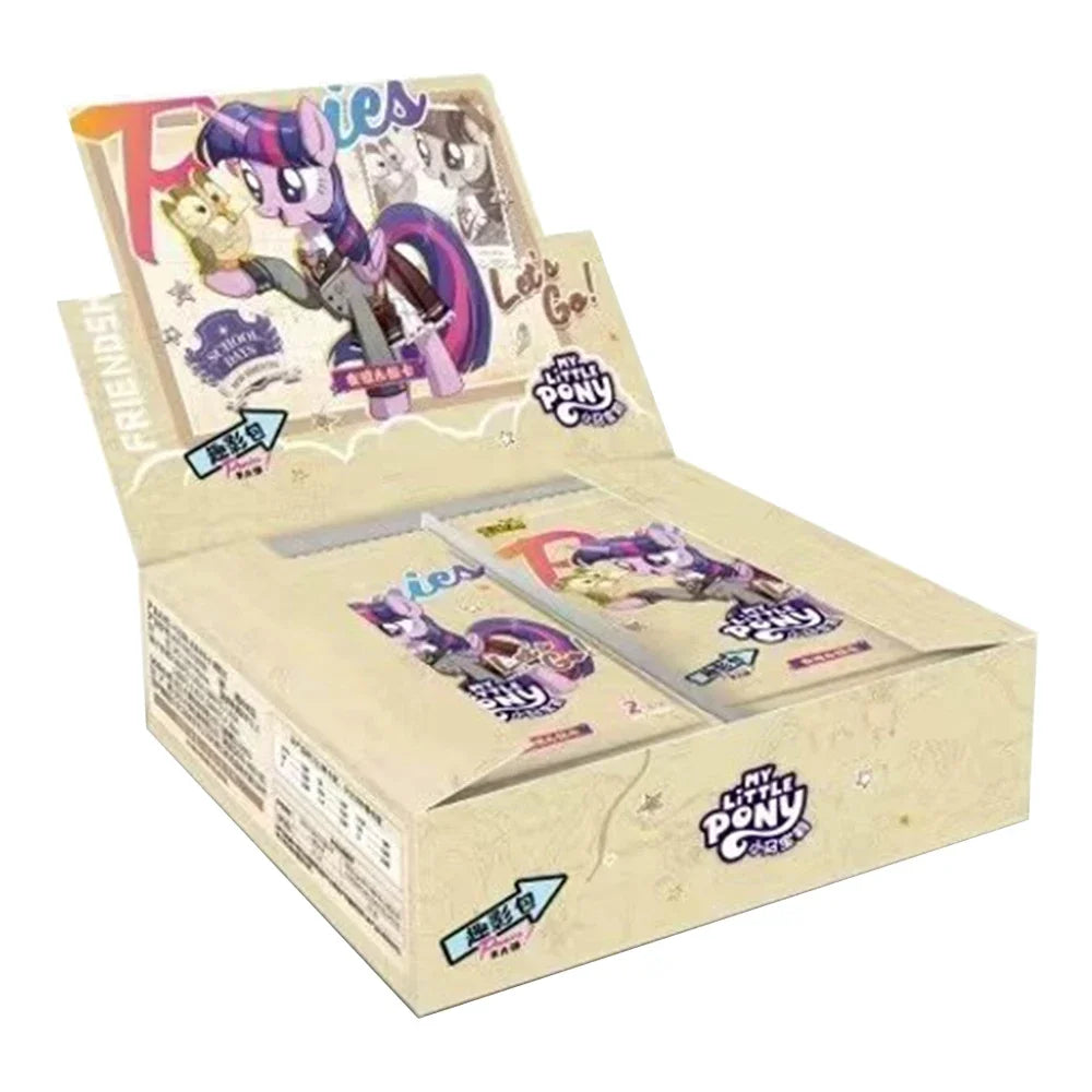 A box of My Little Pony Friendship Eternal Radiant Moon Gilded Card Pack featuring a card with a purple pony.