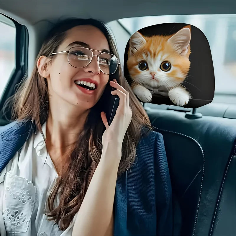 Cute Orange Cat Print Car Headrest Pillow Covers (Pair)