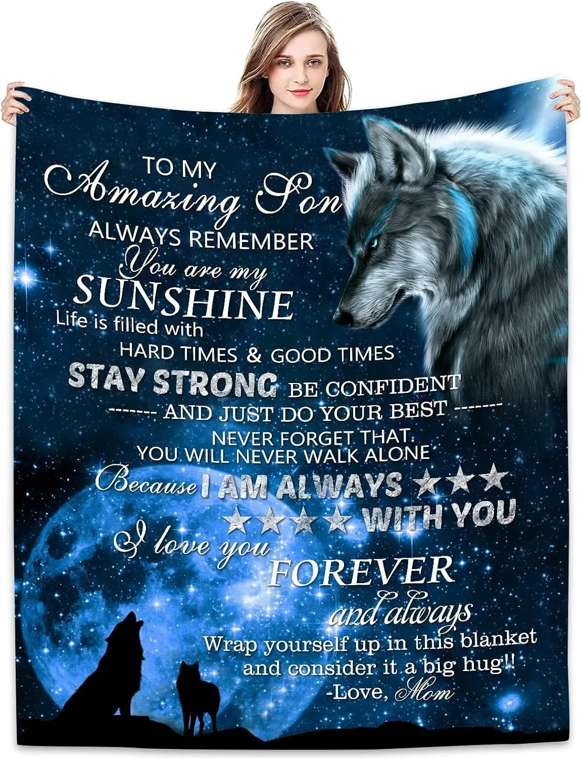 A dark blue blanket featuring a wolf silhouette and text encouraging strength and confidence for a son