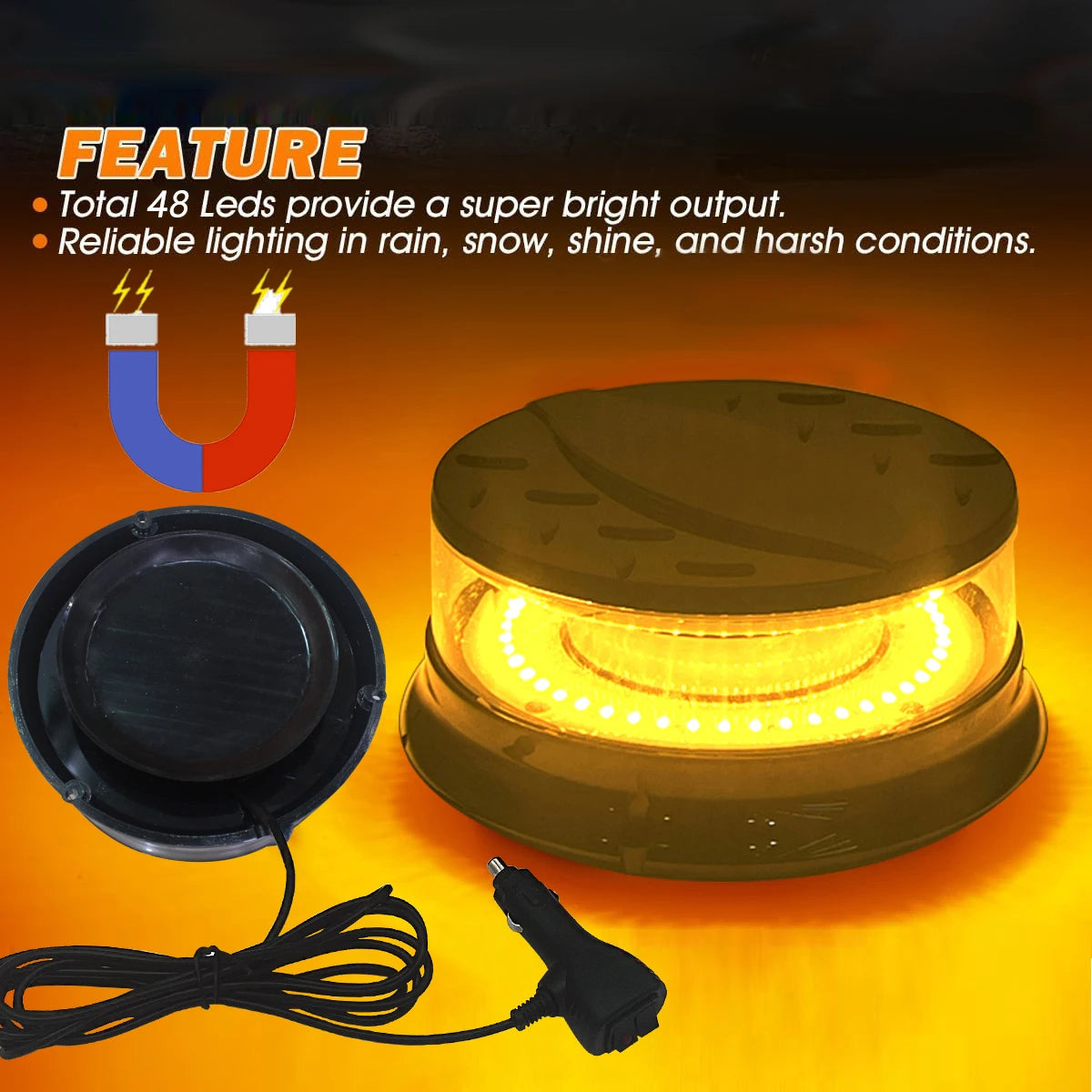 A yellow magnetic mount LED emergency strobe light with a wire and mounting plate shown on an orange background.