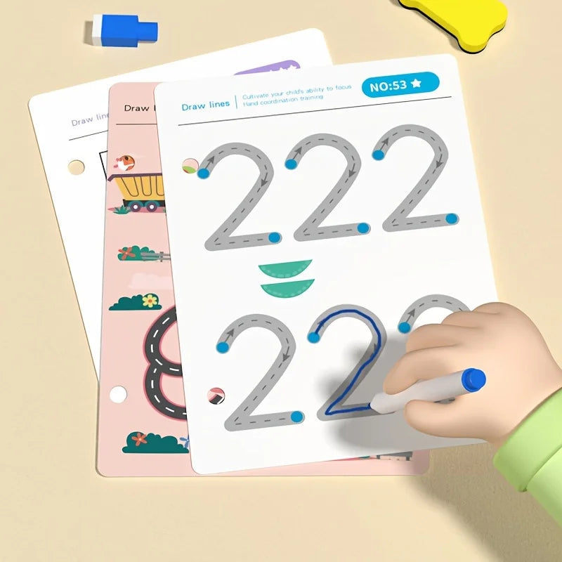 A hand is writing numbers on a pink tracing worksheet with a blue pen, showing a magic tracing workbook.