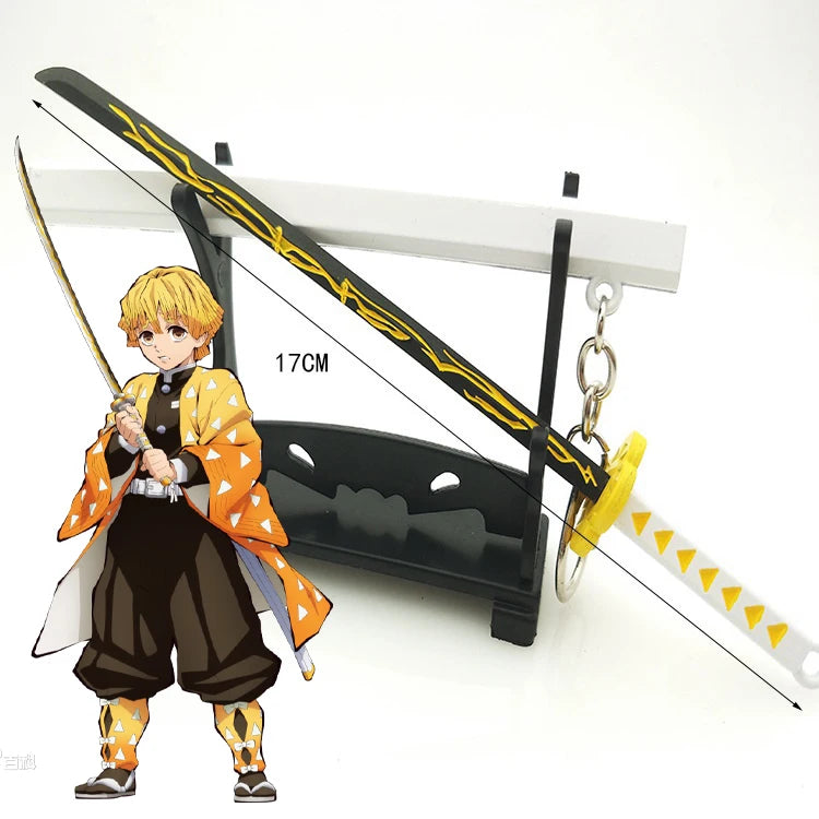 A figure of Tanjiro inspired in Demon Slayer attire holds a metal katana replica with yellow accents.