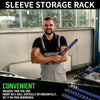 A man demonstrates a sleeve storage rack for organizing tools vertically or horizontally on a workbench.