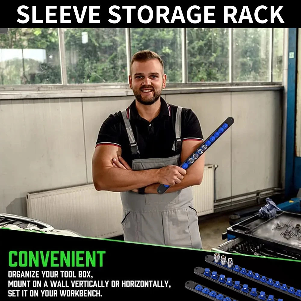 A man demonstrates a sleeve storage rack for organizing tools vertically or horizontally on a workbench.