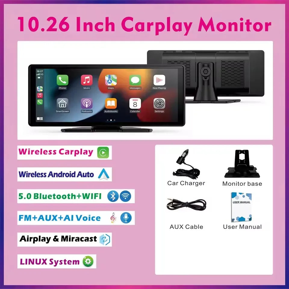 A 10.26 inch Carplay monitor is shown next to a black display unit and various cables and manuals.