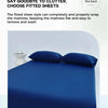 A deep blue fitted sheet is shown on a mattress, demonstrating the tight fit and smooth fabric.