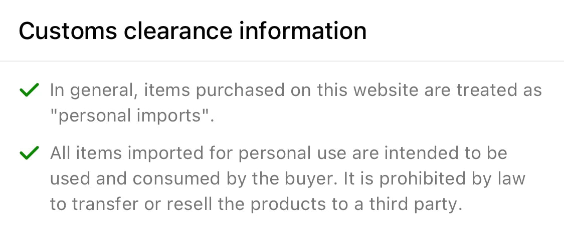 Customs clearance information detailing rules for personal imports and consumption of air dry clay modeling sets