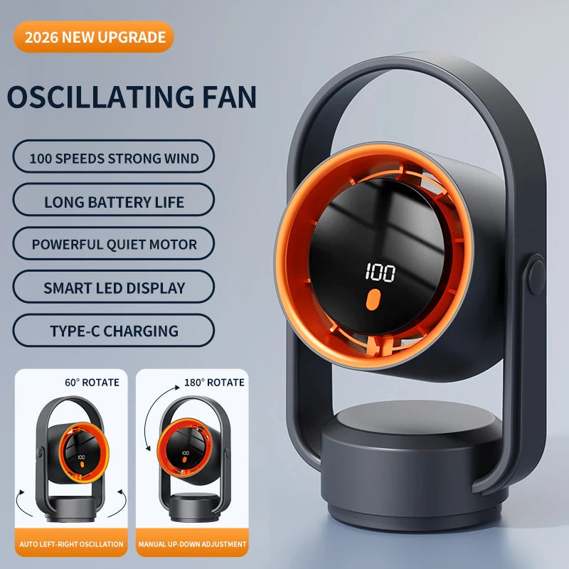 Portable USB Desk Fan with Oscillation and Digital Display