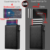 A black pop-up wallet showing options for holding 4 embossed or 6 offset cards.