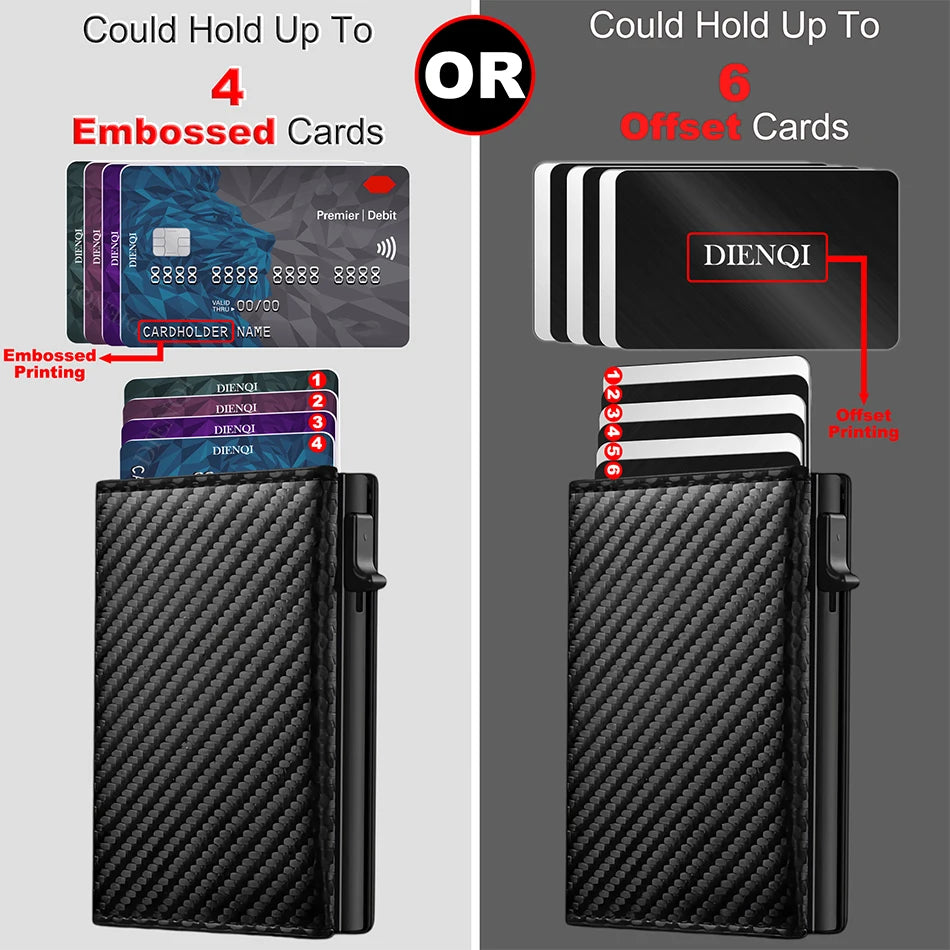 A black pop-up wallet showing options for holding 4 embossed or 6 offset cards.