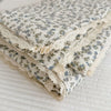 Folded floral muslin baby blanket with delicate lace trim in blue and white patterns