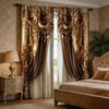 Two luxurious brown and gold Baroque print curtain panels framing a window next to a bed.