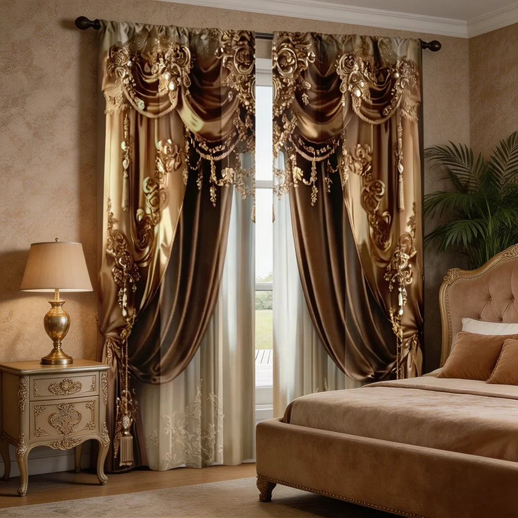 Two luxurious brown and gold Baroque print curtain panels framing a window next to a bed.