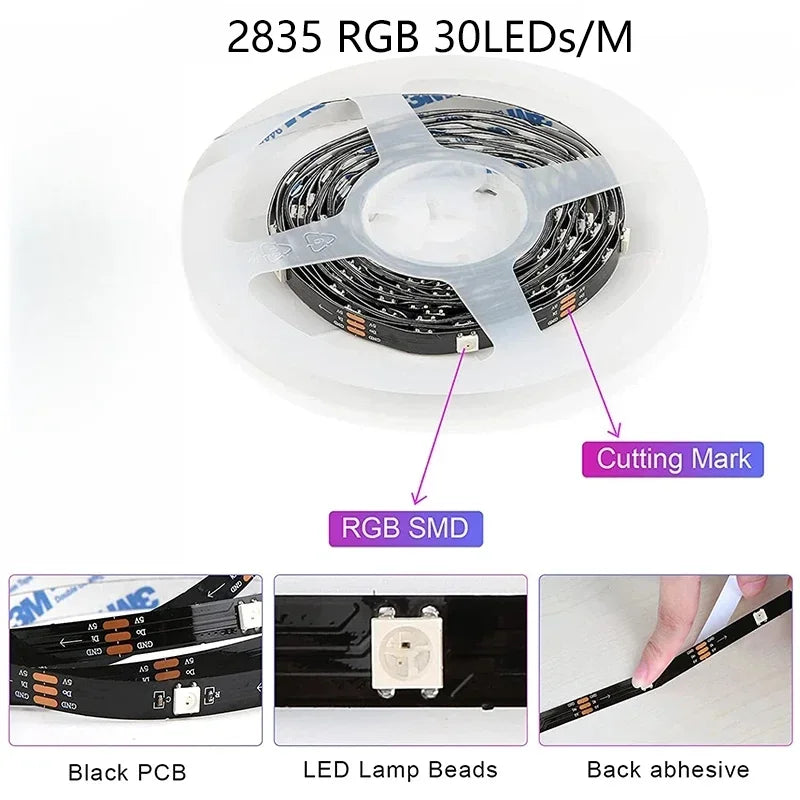A roll of 2835 RGB 30LEDs/M SMD LED strip lights with black PCB and back adhesive.