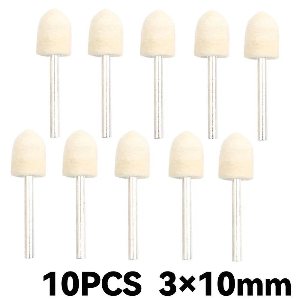 Ten wool felt polishing wheels with 3x10mm shafts for rotary tools