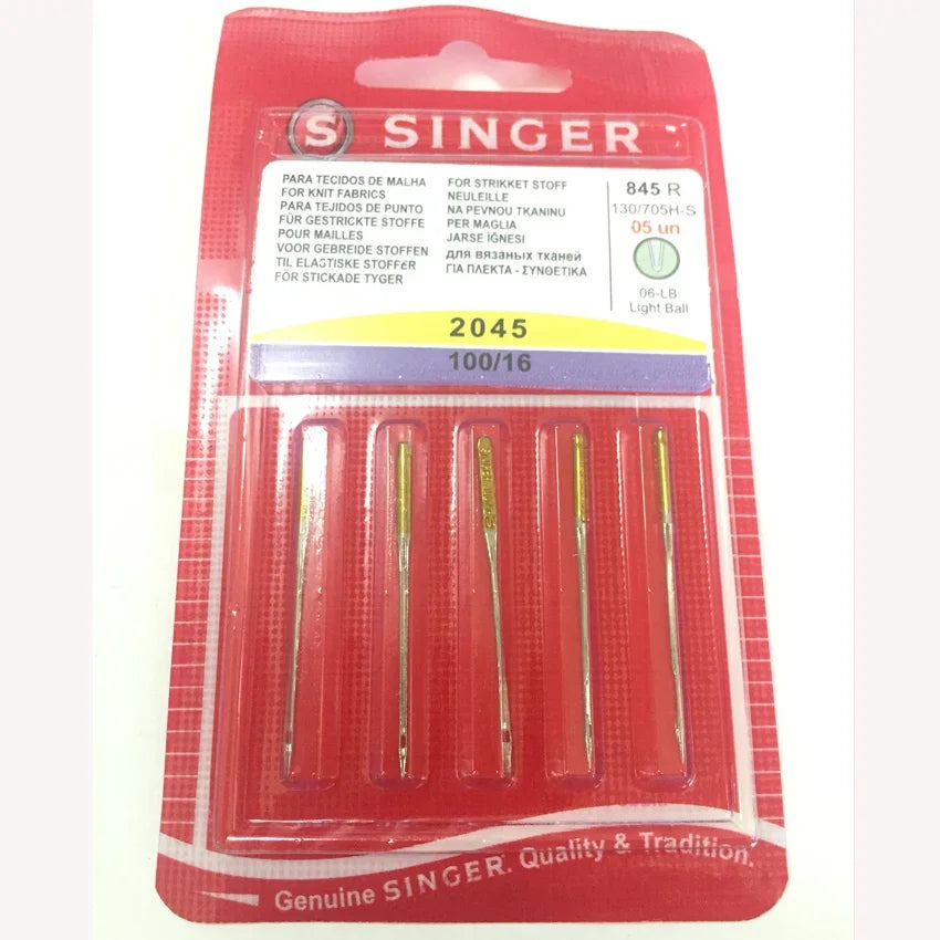 A red plastic package containing a pack of 100/16 Singer ball point sewing machine needles.