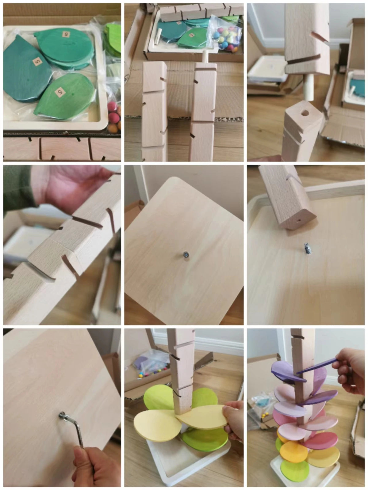 Holzbaumblüten und Marmorbahn für Musikspielzeug mit verschiedenen Farben wie grün, gelb und lila.