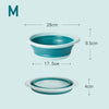 A teal foldable travel wash basin shown with dimensions 28cm long and 8.5cm high.