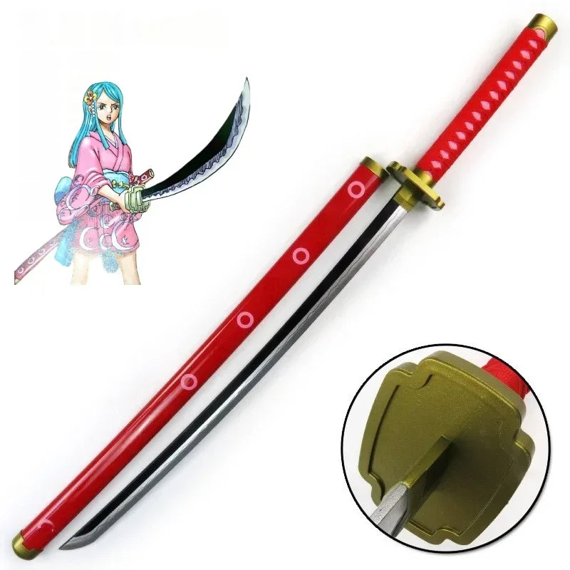 A cosplay sword featuring a katana blade and hilt, with a female character figure in the background.