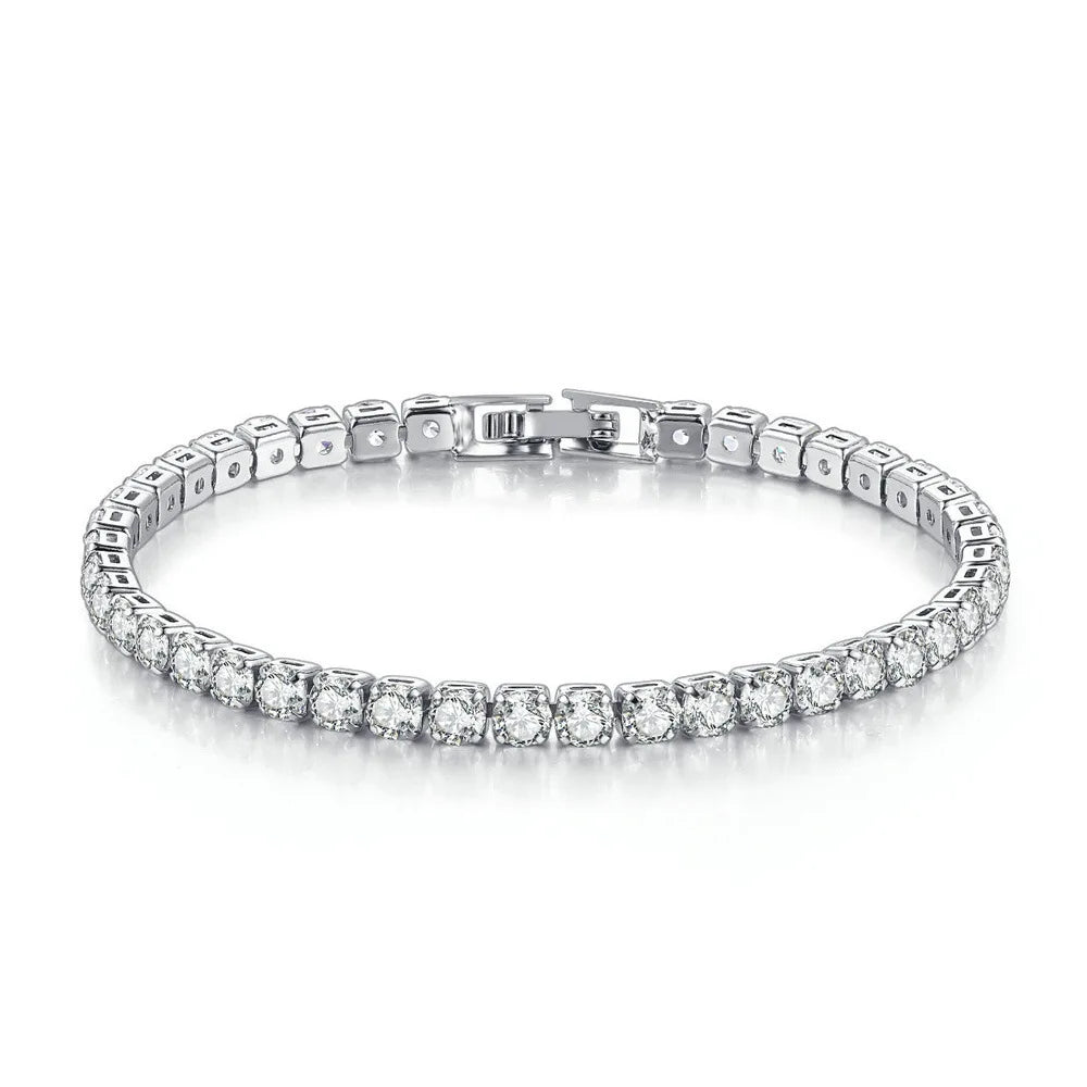A close-up shot of a diamond tennis bracelet featuring 4mm cubic zirconia stones.