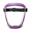 Purple full face anti-fog splash shield with a black adjustable strap