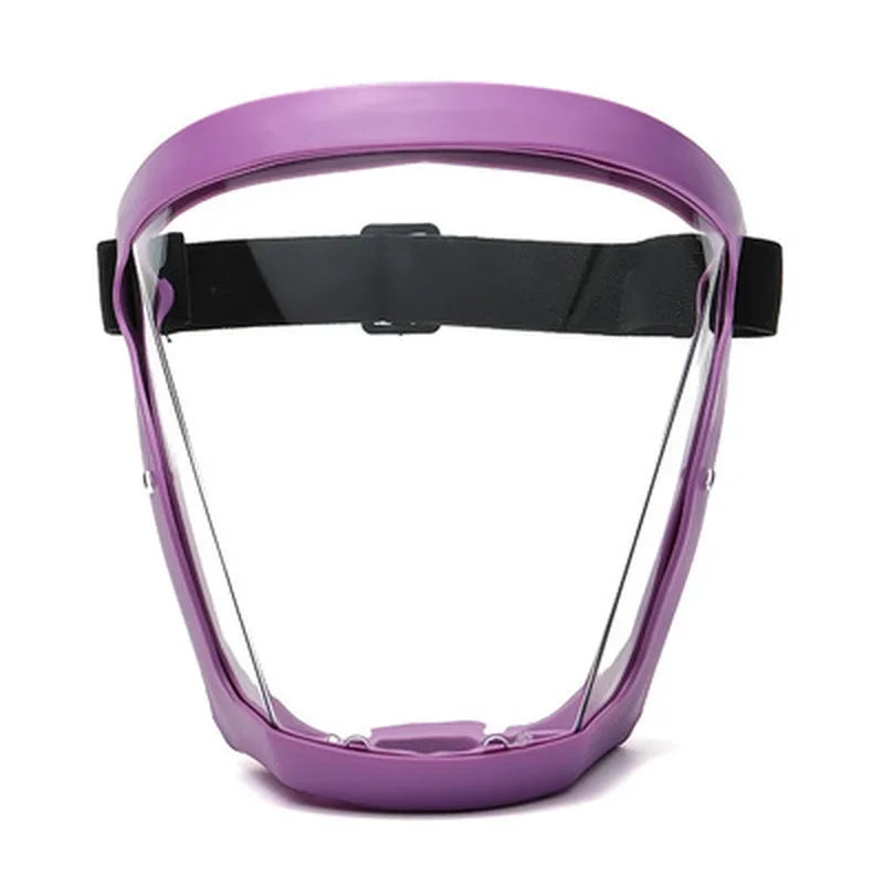 Purple full face anti-fog splash shield with a black adjustable strap