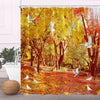 A vibrant shower curtain featuring an autumn forest scene with yellow and red leaves and white birds.