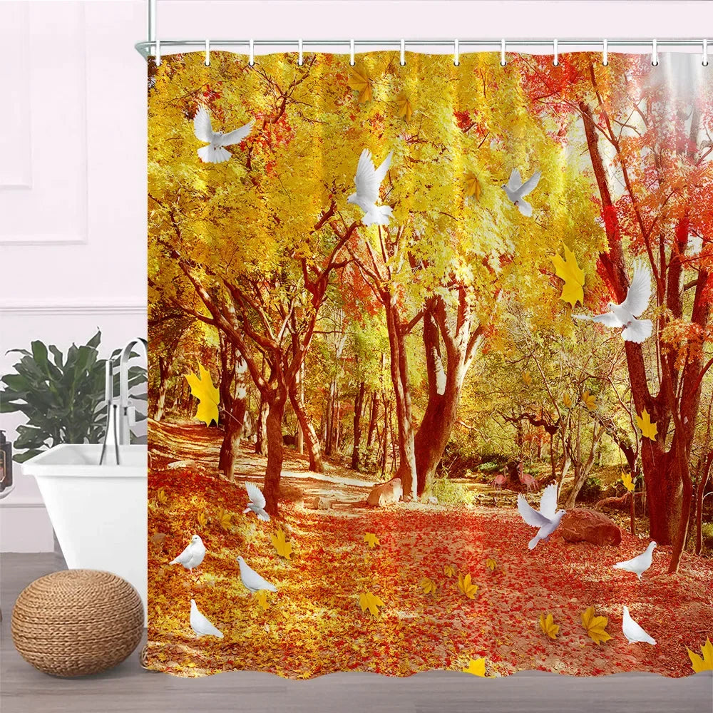 A vibrant shower curtain featuring an autumn forest scene with yellow and red leaves and white birds.