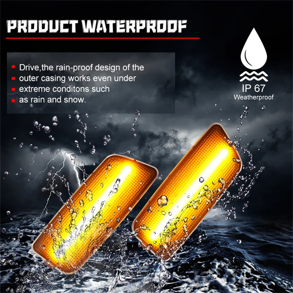 A close-up of an LED front side marker light submerged in water, showing its waterproof design.