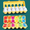 A yellow plastic tray filled with matching white eggs for a Montessori toy, alongside a colorful shape sorter tray.