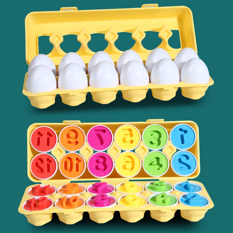 A yellow plastic tray filled with matching white eggs for a Montessori toy, alongside a colorful shape sorter tray.