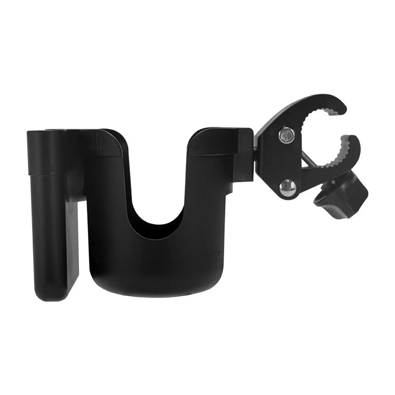 Black 2-in-1 stroller cup holder and phone mount with a clamp design