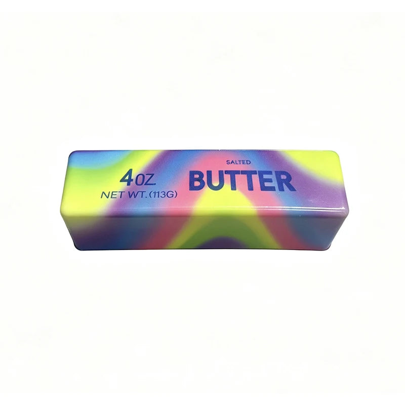 A rectangular butter fidget stick with a rainbow gradient design and the label salted butter.