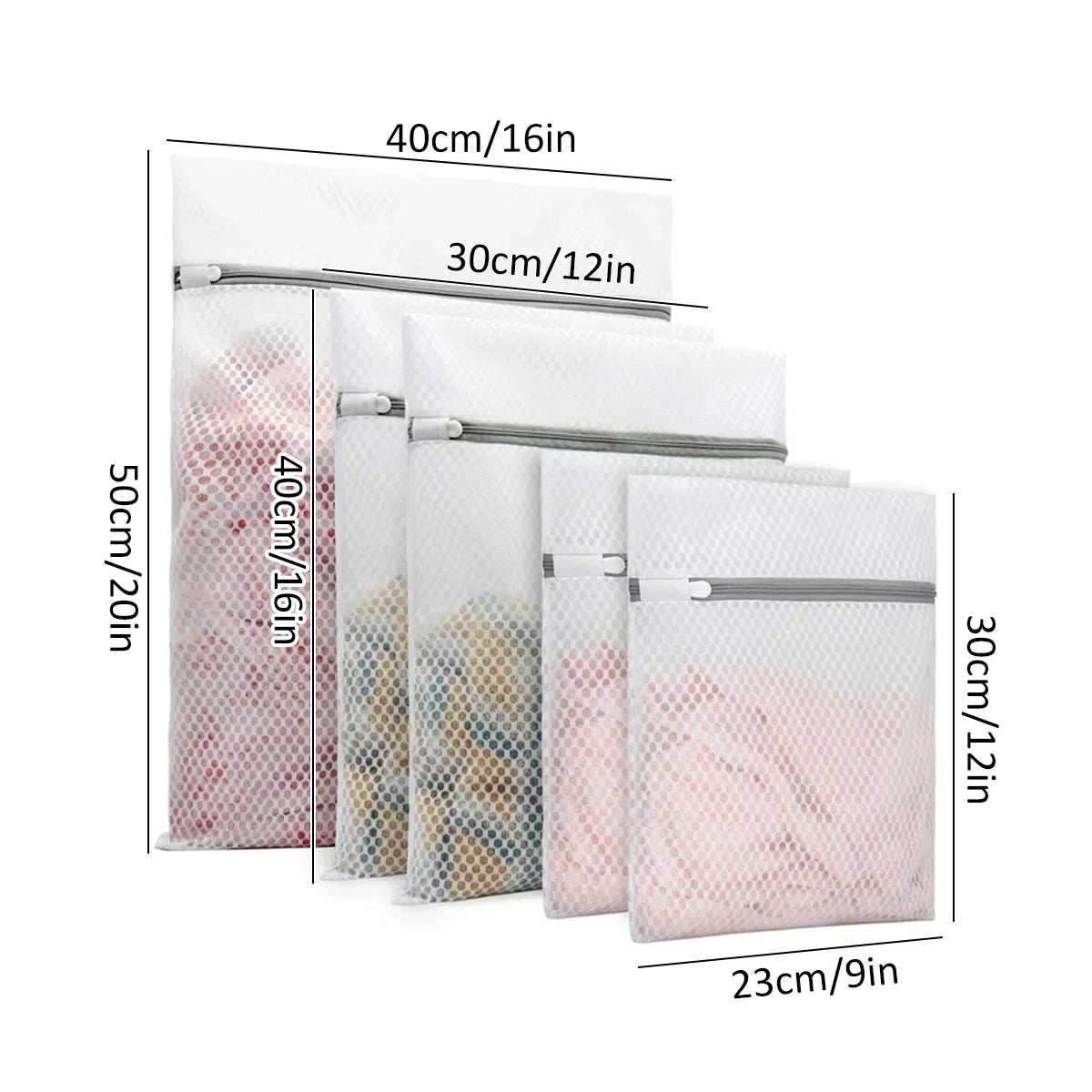 A set of three reusable mesh laundry bags with protective zippers shown in various sizes and colors.