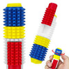 A set of five colored spiked fidget rollers in blue, yellow, and red are shown for stress relief.