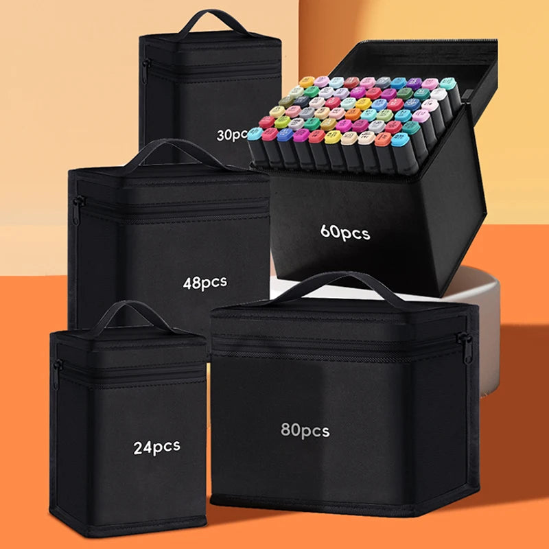 A set of black canvas pencil bags holding various quantities of markers and pens.