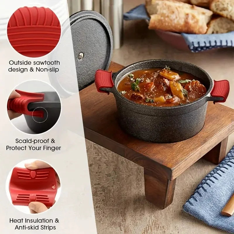 Red silicone pan handle covers with anti-slip grips shown next to a cooking pot and bread.