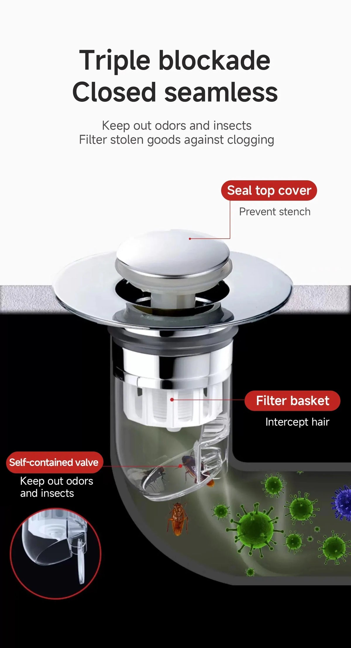 A close-up view of a triple blockade closed seamless drain filter with a self-contained valve and filter basket for sinks.