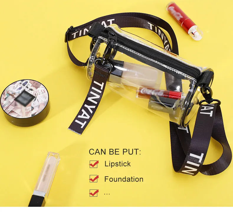 Clear crossbody bag with adjustable strap and a lipstick inside, suitable for makeup storage.
