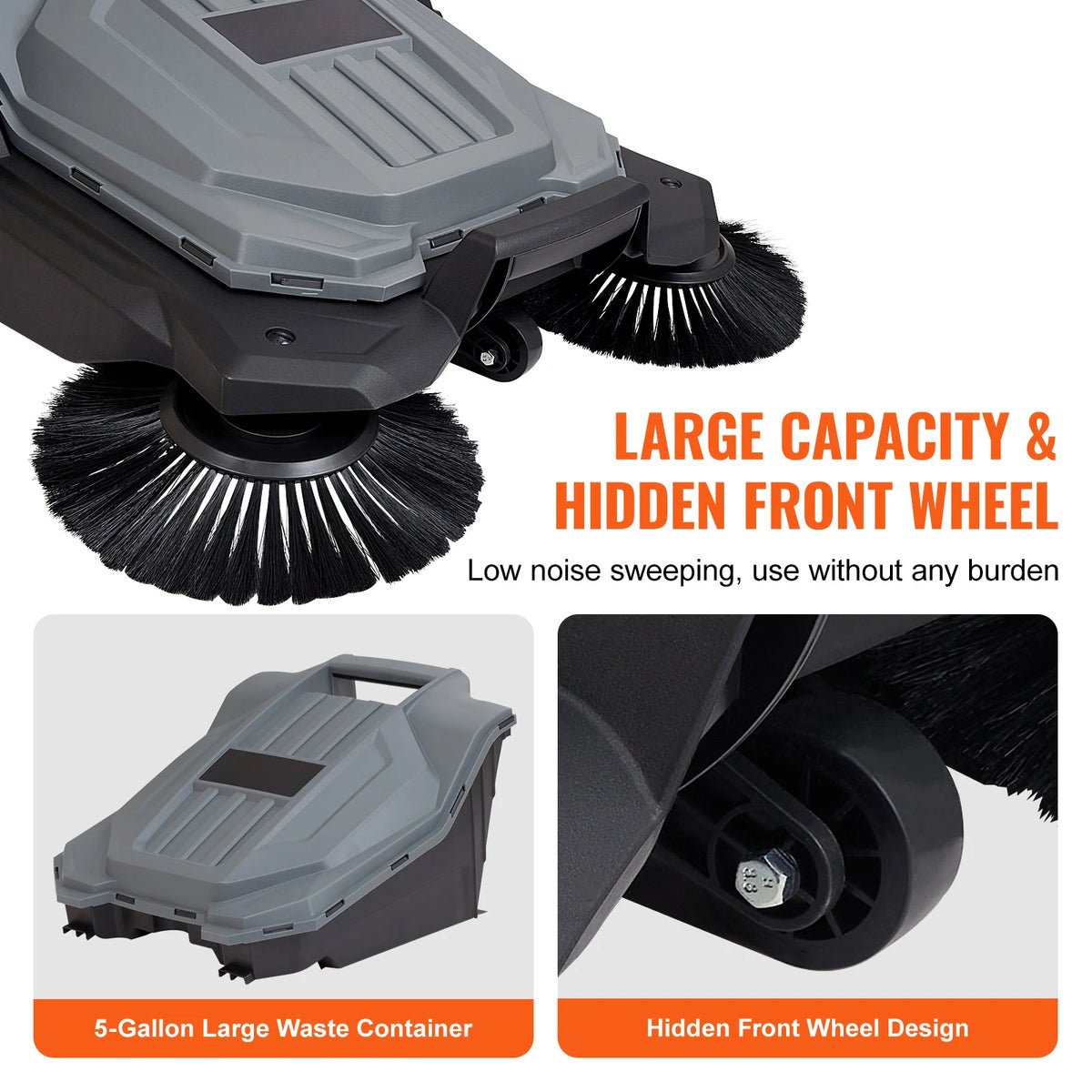 A close-up view of a gray walk-behind push floor sweeper showing its large capacity waste container and hidden front wheel de